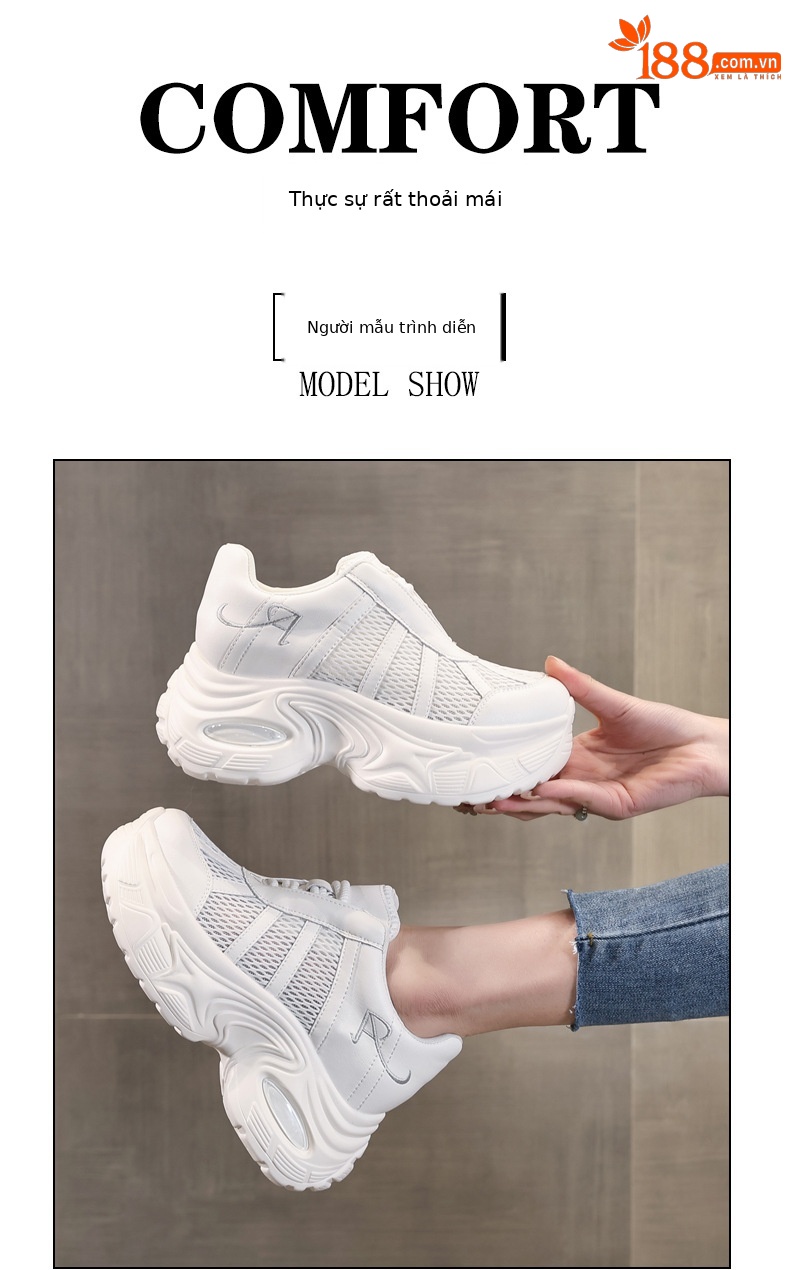 Giày sneaker chunky nữ đế dày tăng chiều cao mặt lưới thoáng khí — màu be chi tiết 11