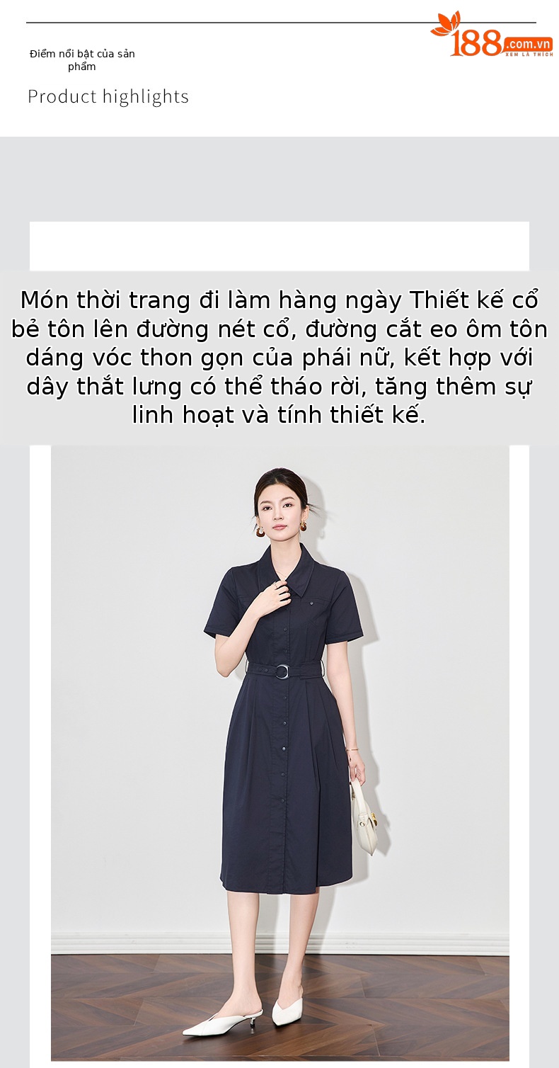 Đầm maxi nữ thắt eo cổ ve cạp cao tay ngắn — Màu đỏ gạch chi tiết 4