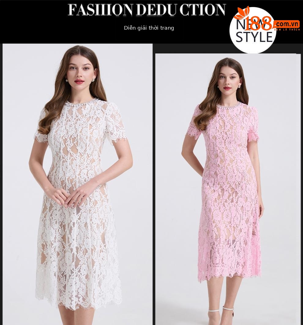 Váy đầm maxi nữ thắt eo cổ ren đính ngọc trai phong cách Pháp — màu đen, Màu hồng, Màu trắng, màu đỏ chi tiết 2