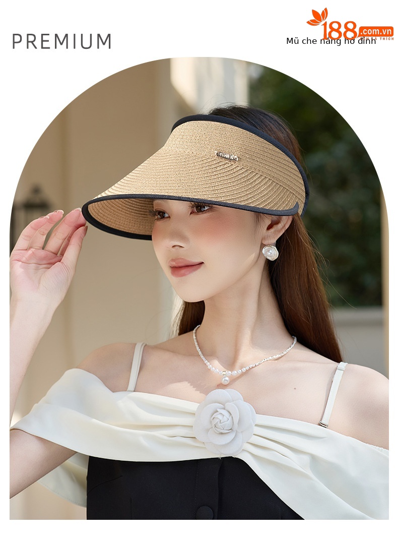 Mũ rơm vành rộng chống tia UV, mái rỗng thoáng khí, phong cách Hàn Quốc — màu be chi tiết 1
