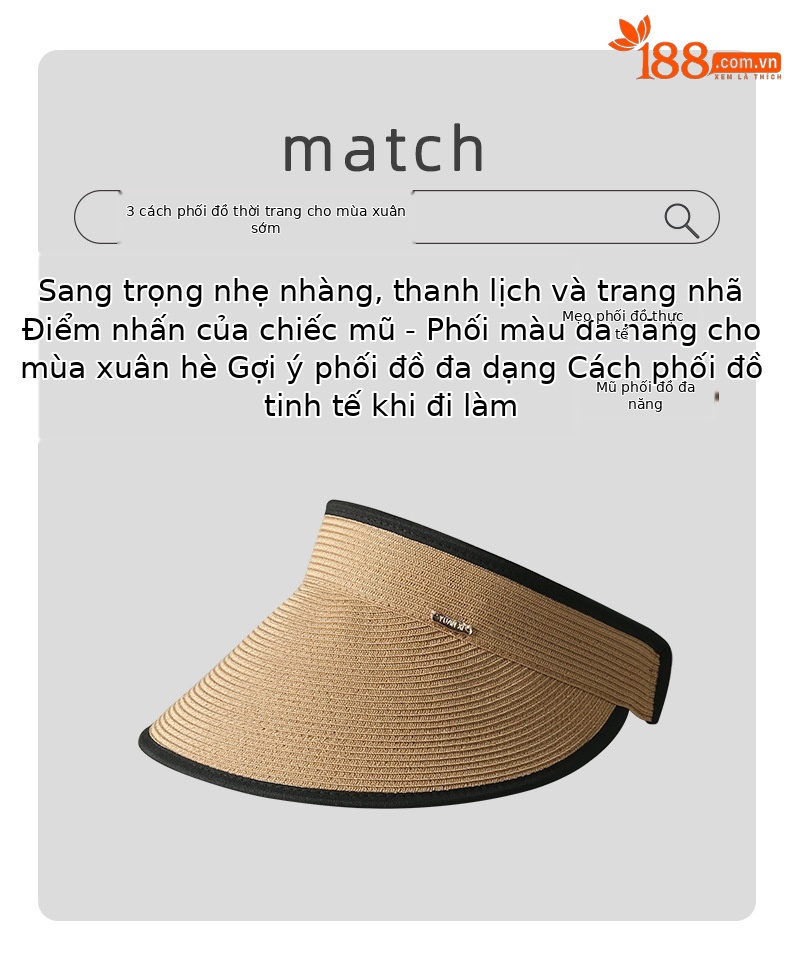 Mũ rơm vành rộng chống tia UV, mái rỗng thoáng khí, phong cách Hàn Quốc — màu be chi tiết 2