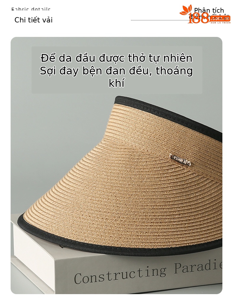 Mũ rơm vành rộng chống tia UV, mái rỗng thoáng khí, phong cách Hàn Quốc — màu be chi tiết 3