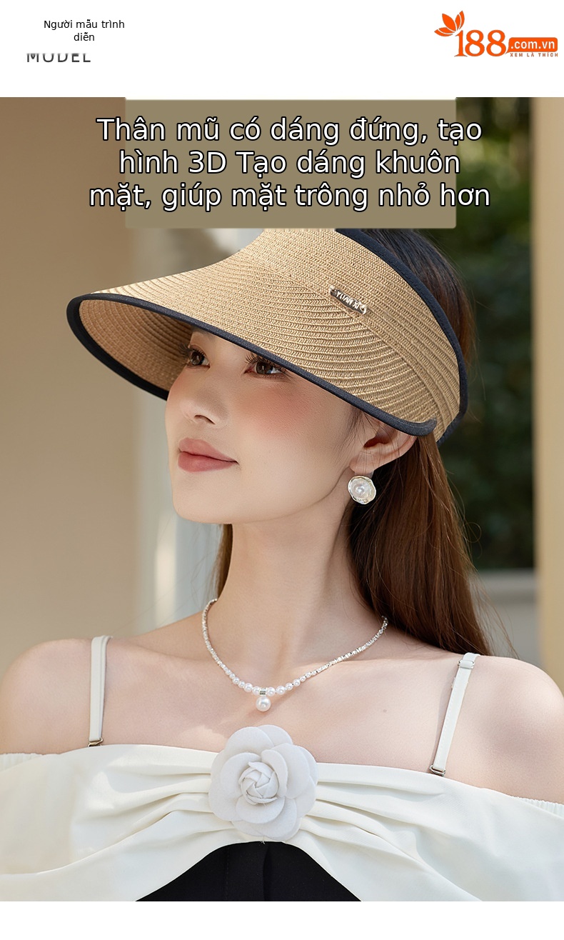 Mũ rơm vành rộng chống tia UV, mái rỗng thoáng khí, phong cách Hàn Quốc — màu be chi tiết 6