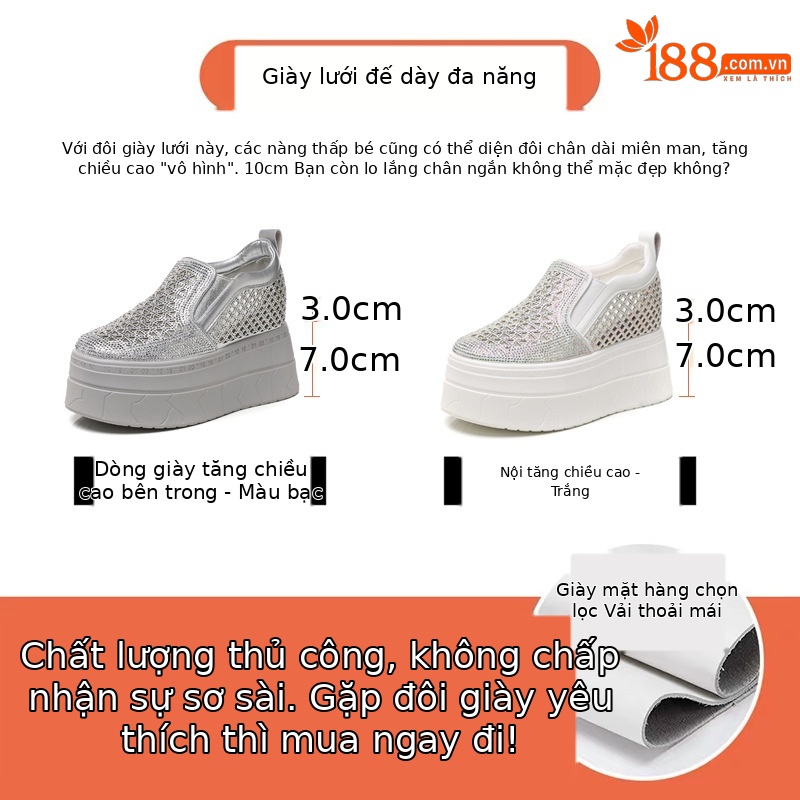 Giày lười nữ đế dày tăng chiều cao phối đá rhinestone — trắng
