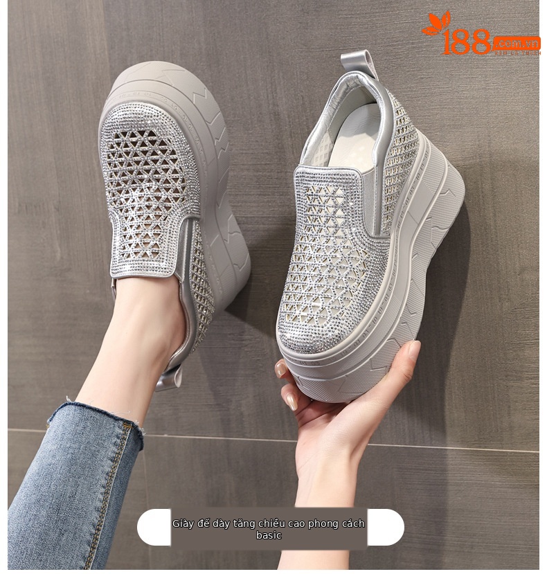 Giày lười nữ đế dày tăng chiều cao phối đá rhinestone — trắng chi tiết 1