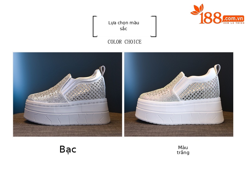 Giày lười nữ đế dày tăng chiều cao phối đá rhinestone — trắng chi tiết 2