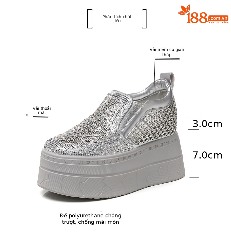 Giày lười nữ đế dày tăng chiều cao phối đá rhinestone — trắng chi tiết 3