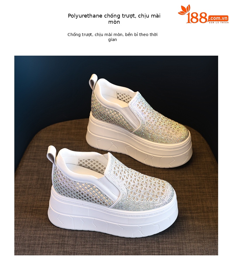Giày lười nữ đế dày tăng chiều cao phối đá rhinestone — trắng chi tiết 10