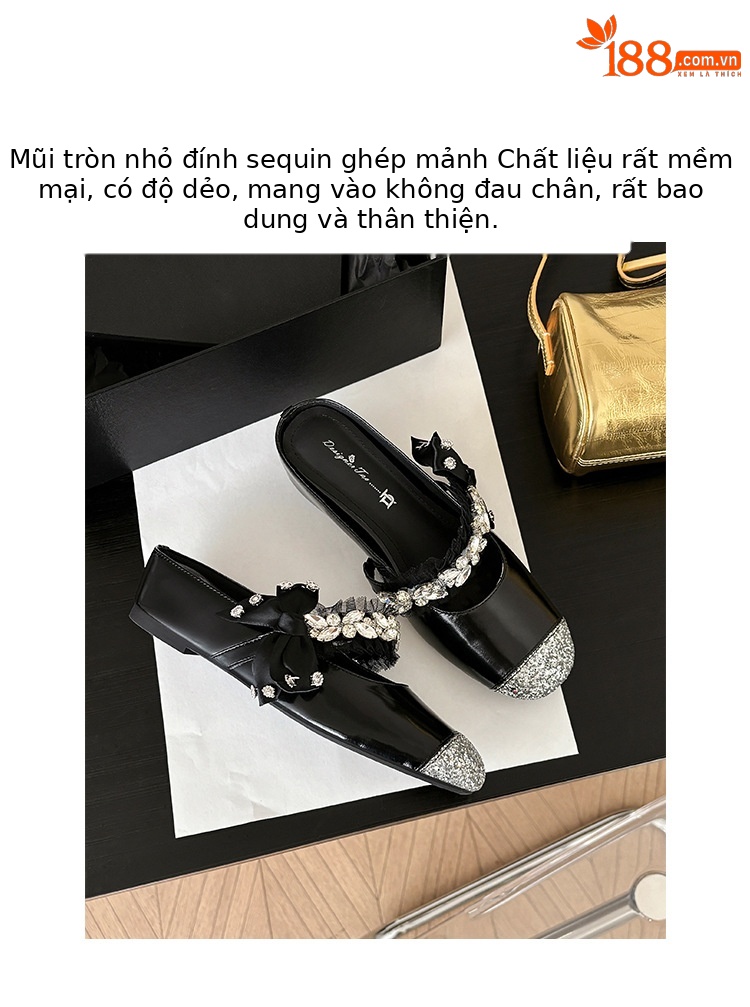 Giày sandal nữ tăng chiều cao bên trong đế dày bít mũi đính sequin lấp lánh — Màu đen chi tiết 3