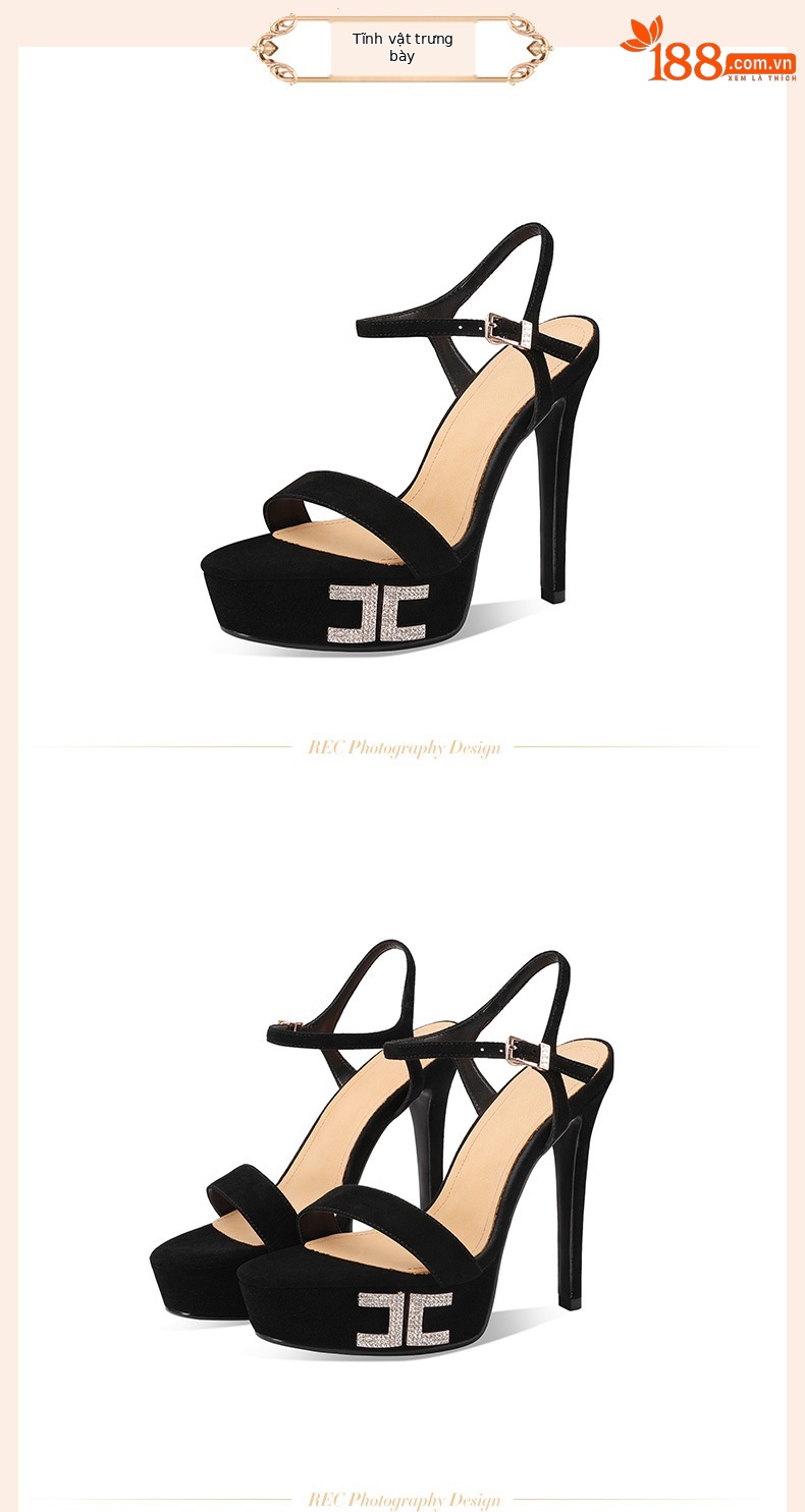Sandal cao gót nữ hở mũi đế platform siêu cao gót 13 cm, quai ngang đính đá, khóa dây — đen 13cm chi tiết 2