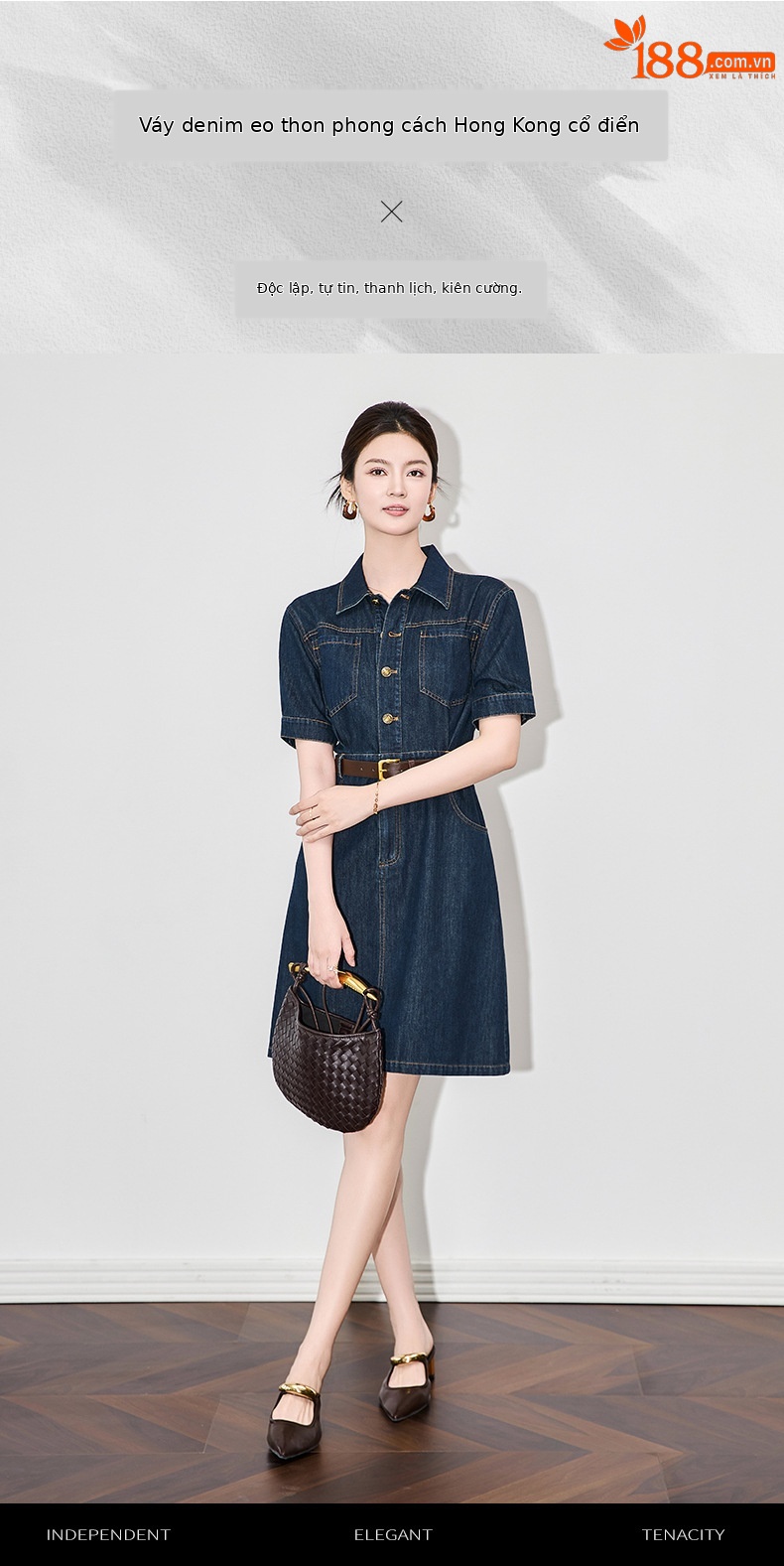 Váy denim nữ cổ ve phong cách Pháp retro Hồng Kông — Màu xanh lam chi tiết 1