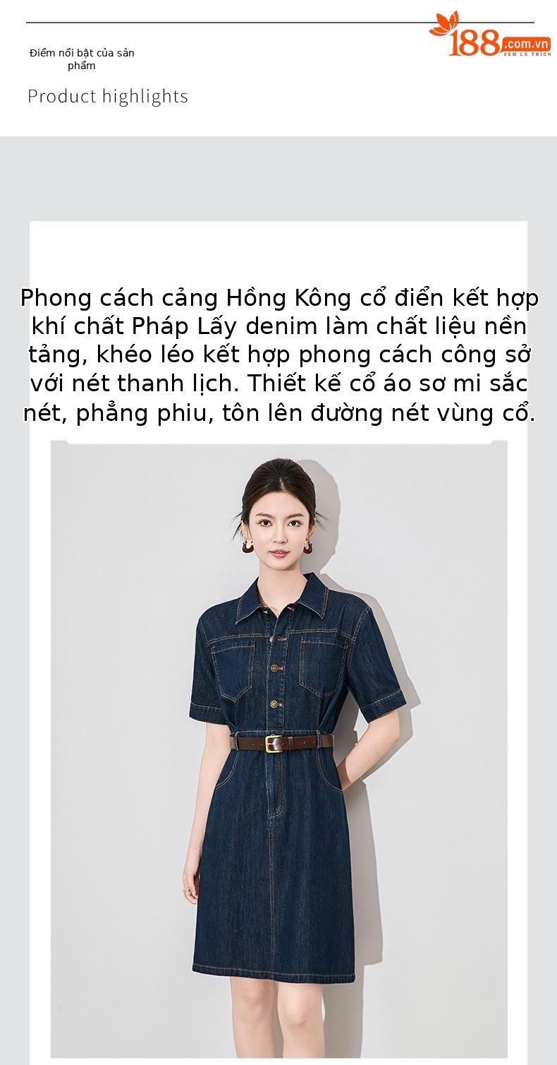 Váy denim nữ cổ ve phong cách Pháp retro Hồng Kông — Màu xanh lam chi tiết 4