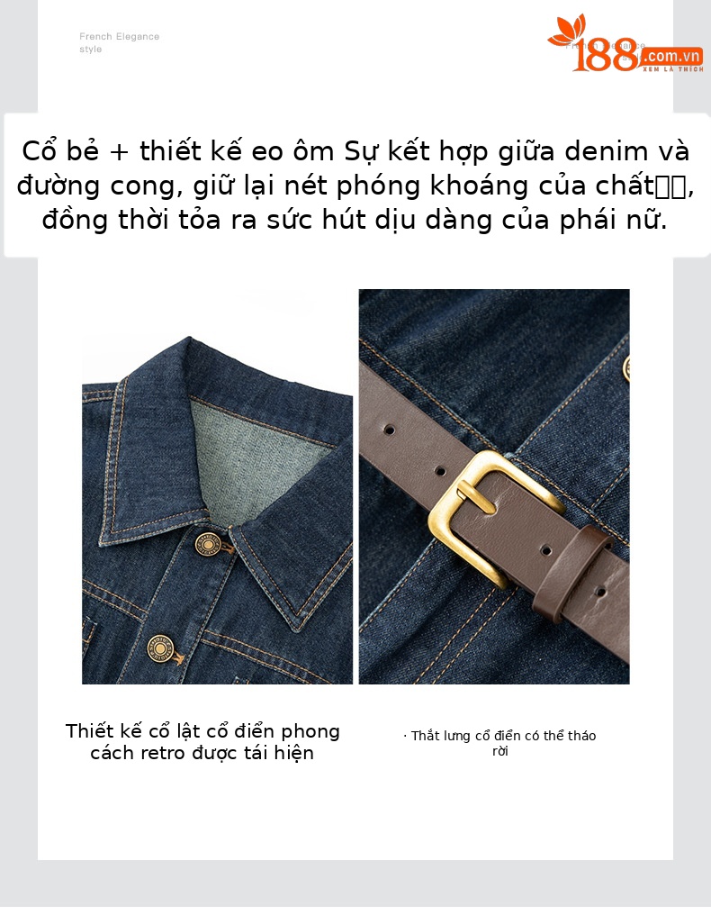 Váy denim nữ cổ ve phong cách Pháp retro Hồng Kông — Màu xanh lam chi tiết 5