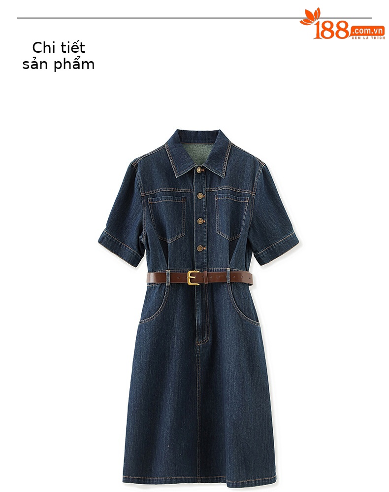 Váy denim nữ cổ ve phong cách Pháp retro Hồng Kông — Màu xanh lam chi tiết 10