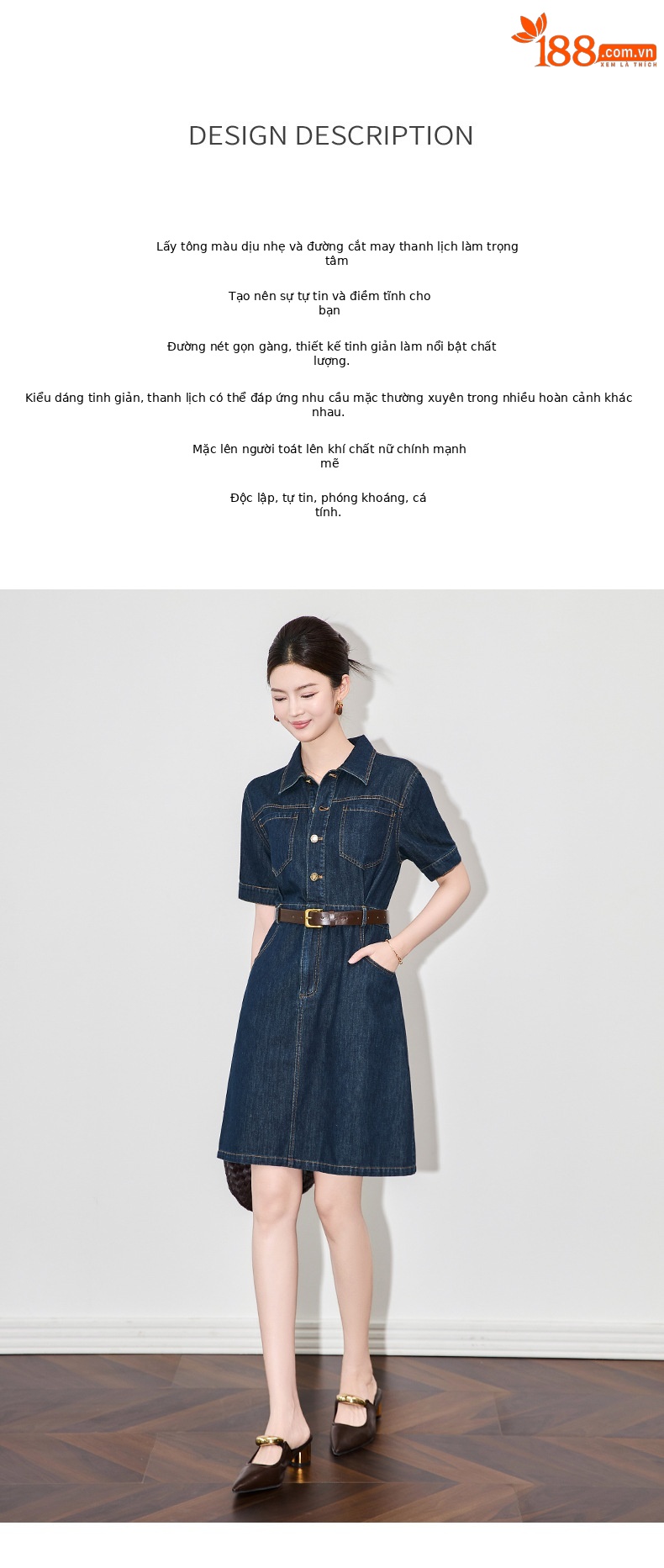 Váy denim nữ cổ ve phong cách Pháp retro Hồng Kông — Màu xanh lam chi tiết 2