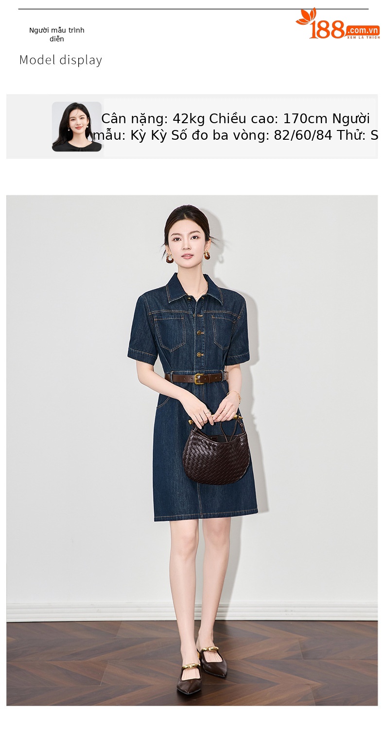 Váy denim nữ cổ ve phong cách Pháp retro Hồng Kông — Màu xanh lam chi tiết 6