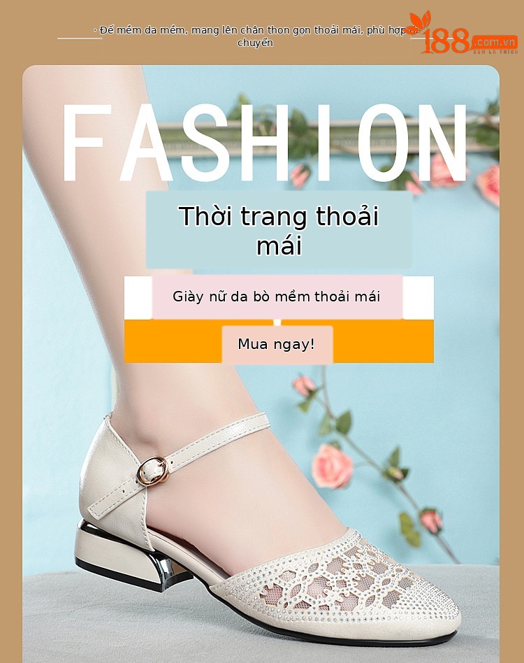 Sandal bít mũi nữ da thật lưới thoáng gót thấp — Màu be chi tiết 1