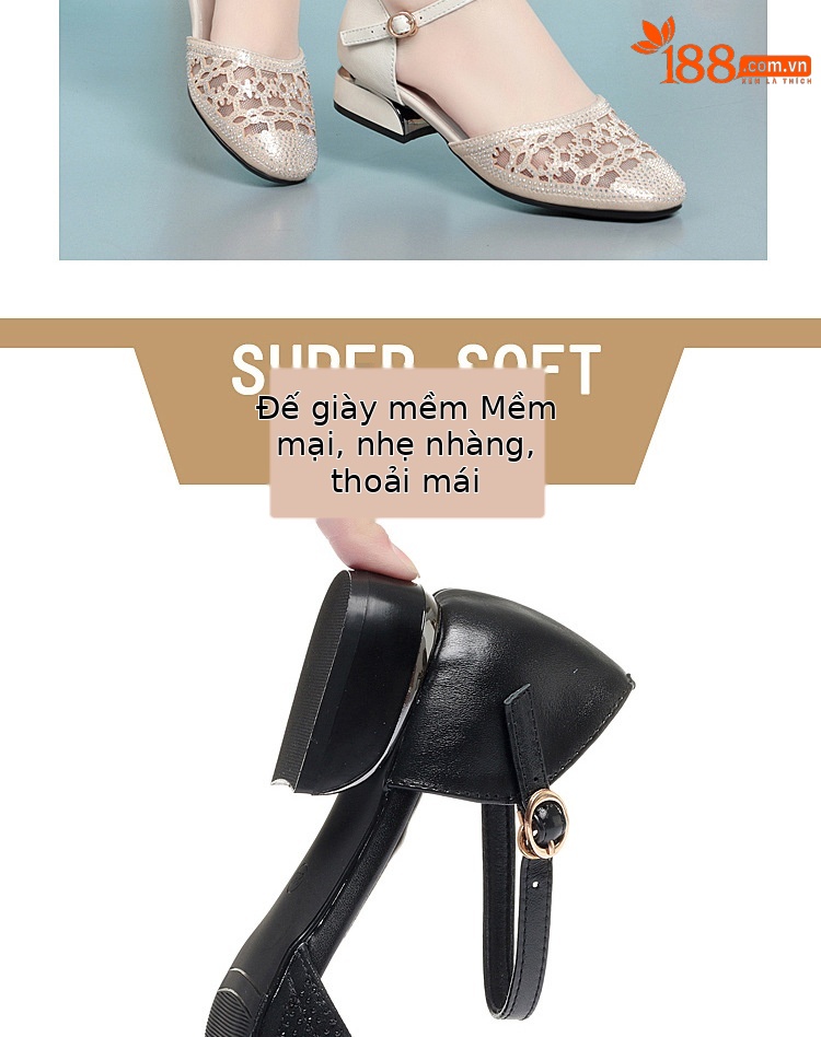 Sandal bít mũi nữ da thật lưới thoáng gót thấp — Màu be chi tiết 4
