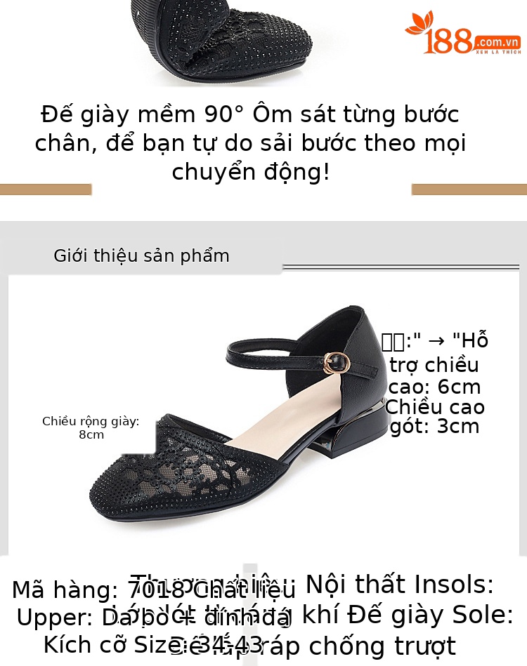 Sandal bít mũi nữ da thật lưới thoáng gót thấp — Màu be chi tiết 5