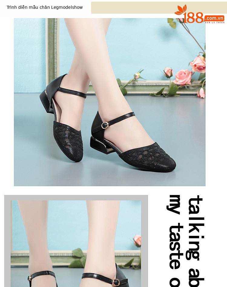 Sandal bít mũi nữ da thật lưới thoáng gót thấp — Màu be chi tiết 8