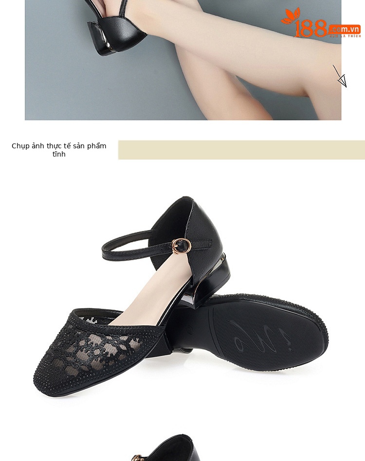 Sandal bít mũi nữ da thật lưới thoáng gót thấp — Màu be chi tiết 14
