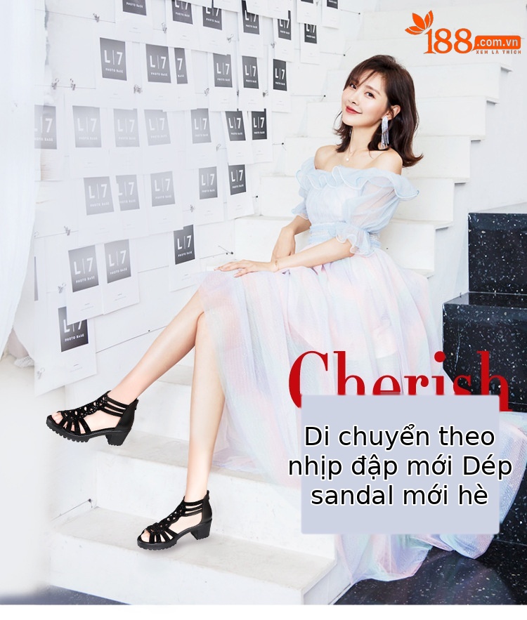 Sandal peep toe nữ gót vuông đế dày phong cách La Mã mùa hè 2025 — Màu đen chi tiết 1