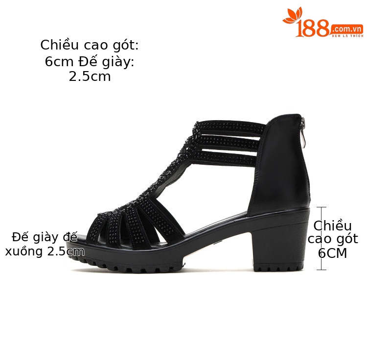 Sandal peep toe nữ gót vuông đế dày phong cách La Mã mùa hè 2025 — Màu đen chi tiết 5