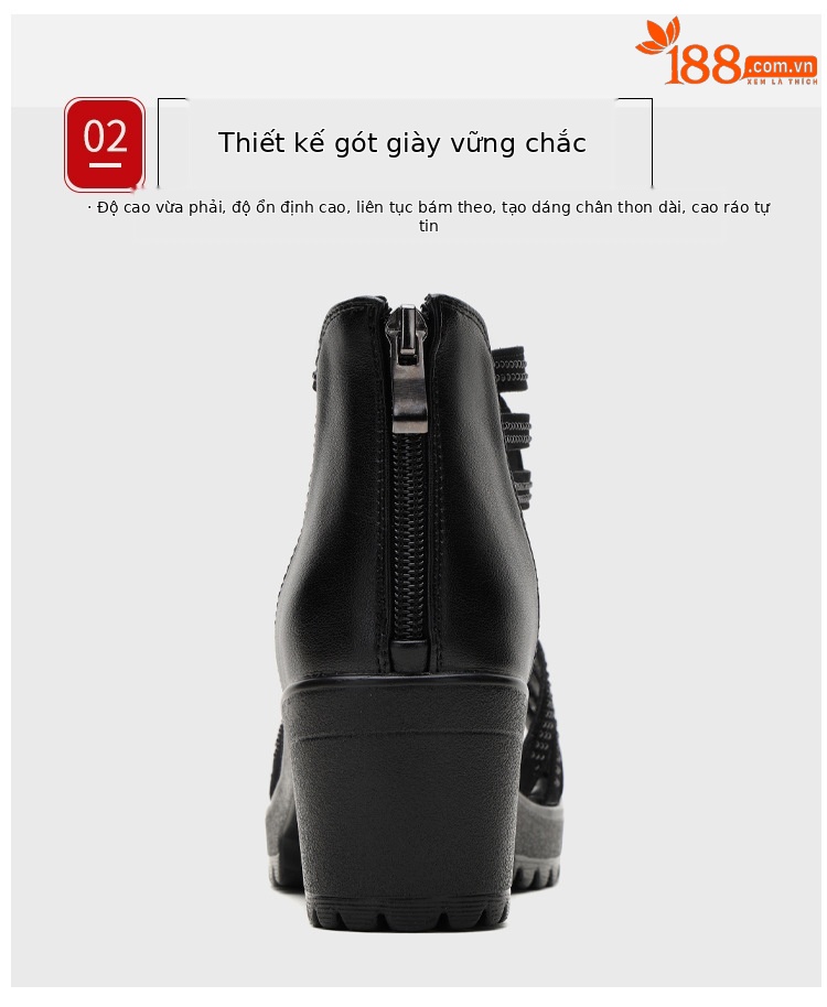 Sandal peep toe nữ gót vuông đế dày phong cách La Mã mùa hè 2025 — Màu đen chi tiết 8