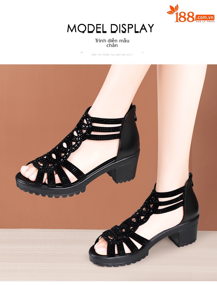 Sandal peep toe nữ gót vuông đế dày phong cách La Mã mùa hè 2025 — Màu đen chi tiết 10