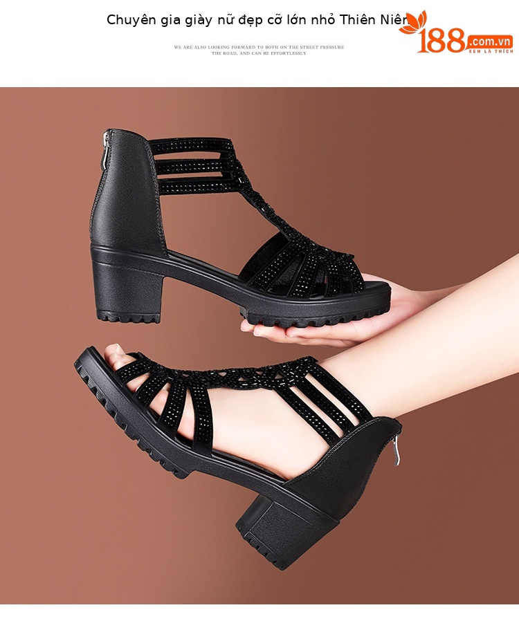 Sandal peep toe nữ gót vuông đế dày phong cách La Mã mùa hè 2025 — Màu đen chi tiết 14