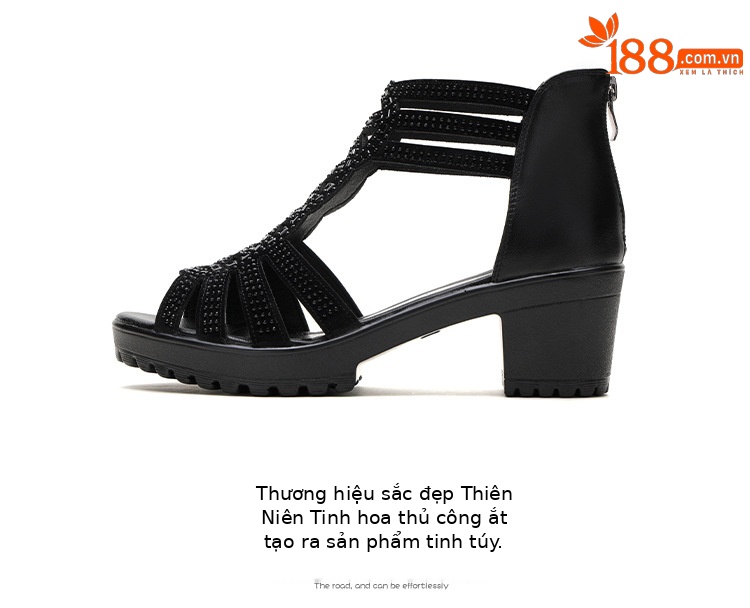 Sandal peep toe nữ gót vuông đế dày phong cách La Mã mùa hè 2025 — Màu đen chi tiết 15