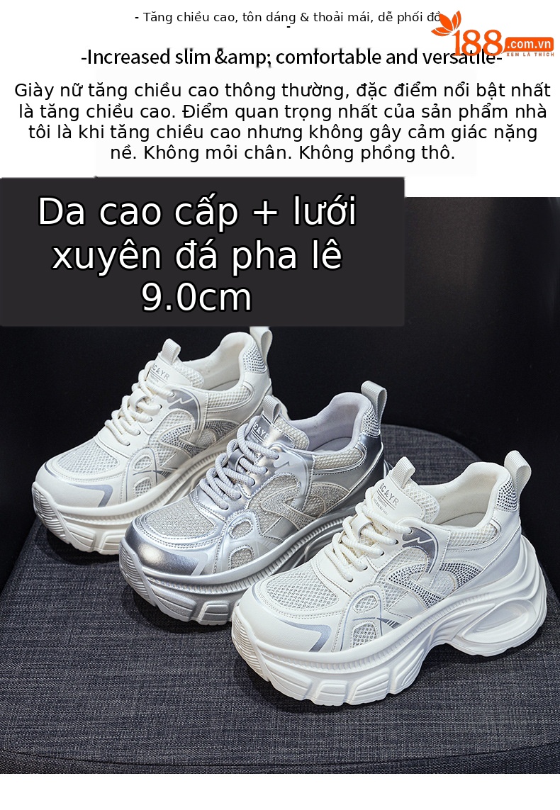 Giày sneaker dad đế dày nữ lưới thoáng khí tăng chiều cao đính đá — M2833 màu be, M2833 màu bạc chi tiết 2