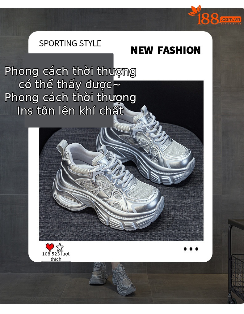 Giày sneaker dad đế dày nữ lưới thoáng khí tăng chiều cao đính đá — M2833 màu be, M2833 màu bạc chi tiết 3