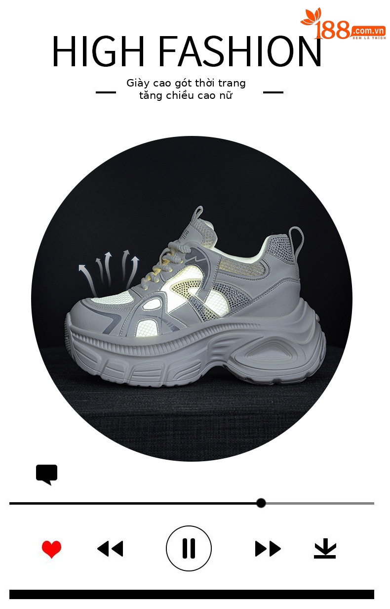 Giày sneaker dad đế dày nữ lưới thoáng khí tăng chiều cao đính đá — M2833 màu be, M2833 màu bạc chi tiết 5
