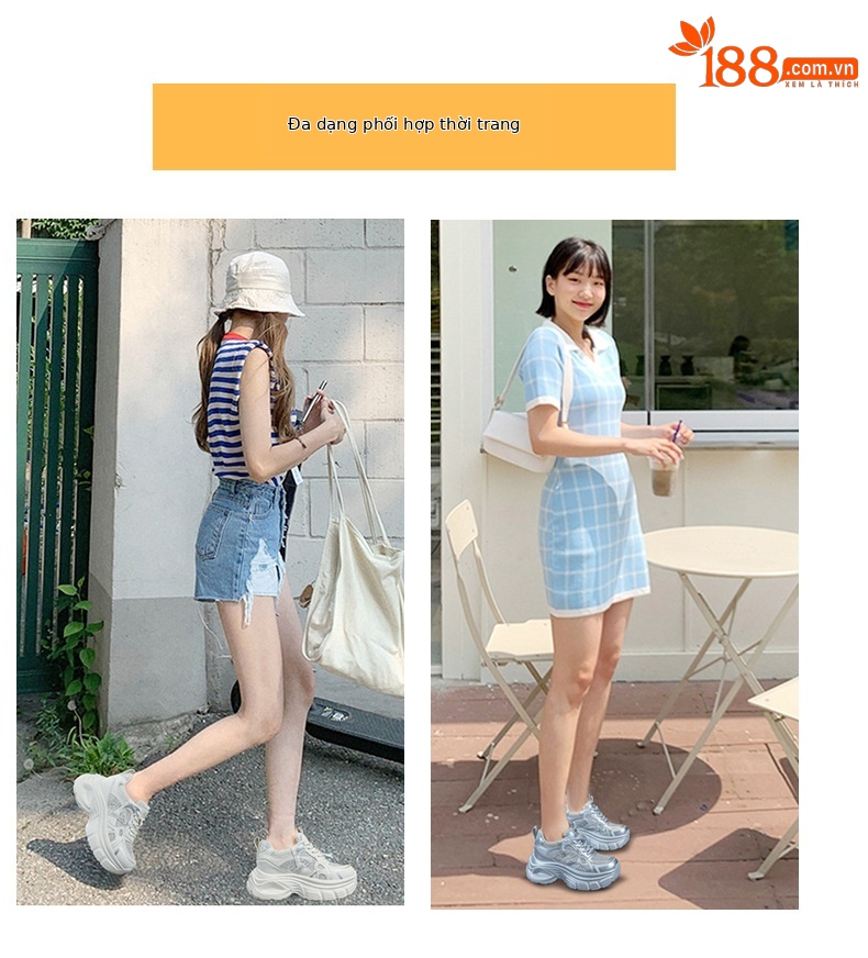 Giày sneaker dad đế dày nữ lưới thoáng khí tăng chiều cao đính đá — M2833 màu be, M2833 màu bạc chi tiết 6