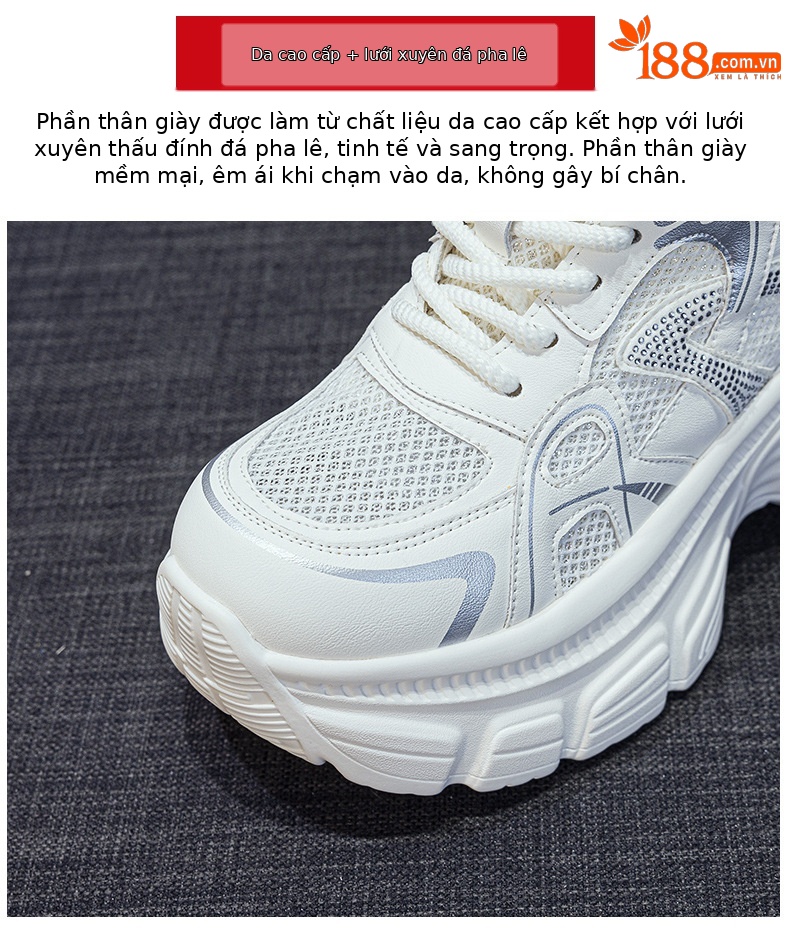 Giày sneaker dad đế dày nữ lưới thoáng khí tăng chiều cao đính đá — M2833 màu be, M2833 màu bạc chi tiết 7