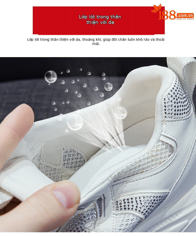 Giày sneaker dad đế dày nữ lưới thoáng khí tăng chiều cao đính đá — M2833 màu be, M2833 màu bạc chi tiết 8