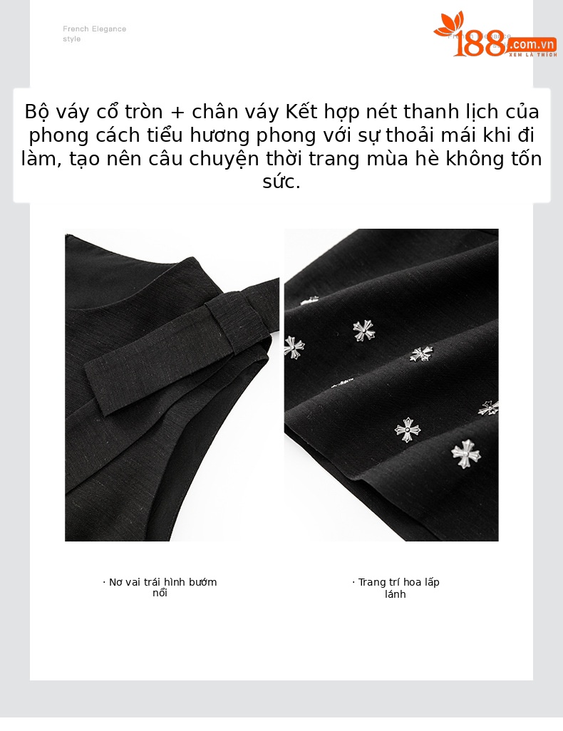 Bộ áo váy ngắn chữ A nữ kiểu Pháp họa tiết cỏ bốn lá mùa hè — đen chi tiết 6