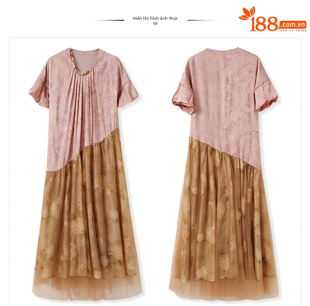 Váy maxi nữ phối hoa phong cách quốc gia cao cấp, chất rayon sang trọng, tay ngắn, thắt eo — Màu trắng, Màu mơ cà phê chi tiết 4