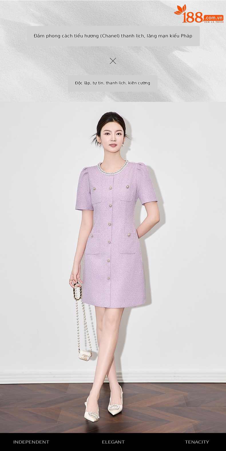 Váy liền cổ tròn đính cườm phong cách Chanel thanh lịch — Màu tím chi tiết 1