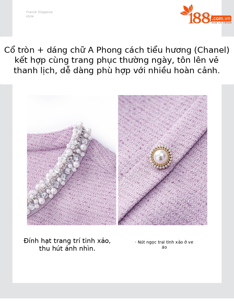 Váy liền cổ tròn đính cườm phong cách Chanel thanh lịch — Màu tím chi tiết 5