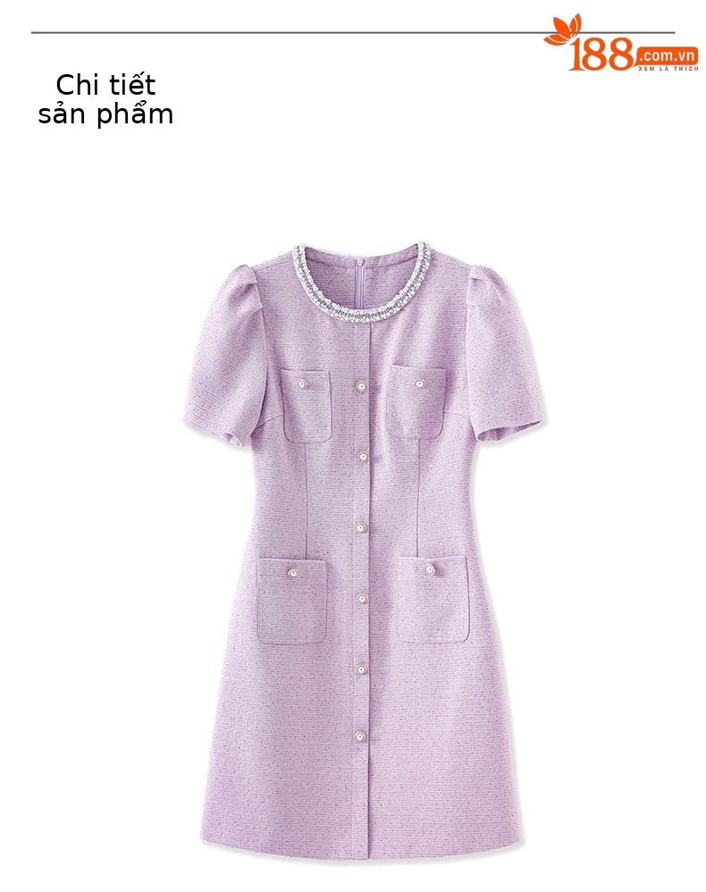 Váy liền cổ tròn đính cườm phong cách Chanel thanh lịch — Màu tím chi tiết 15