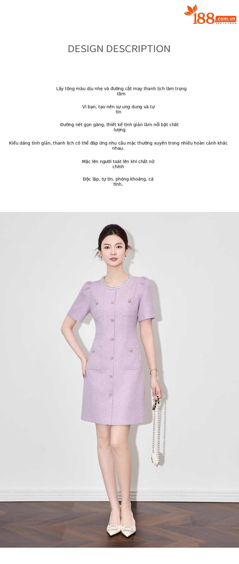 Váy liền cổ tròn đính cườm phong cách Chanel thanh lịch — Màu tím chi tiết 2