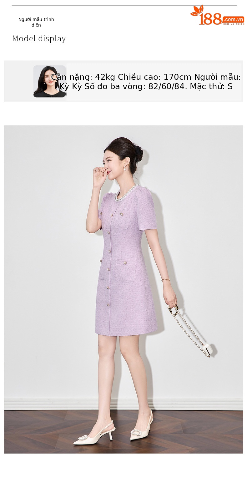 Váy liền cổ tròn đính cườm phong cách Chanel thanh lịch — Màu tím chi tiết 6