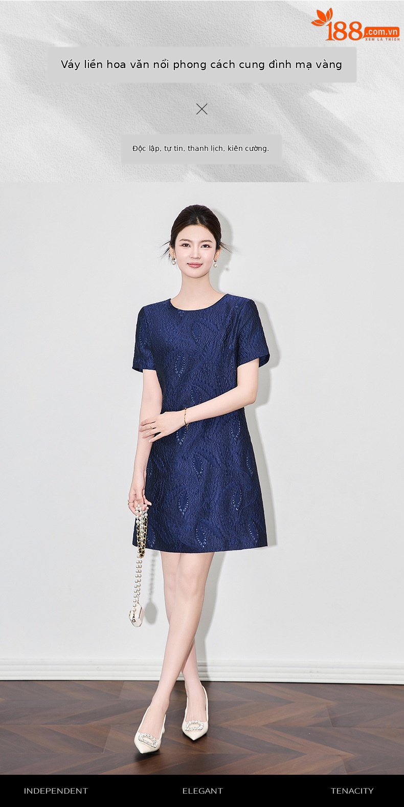 Váy ngắn tay nữ họa tiết jacquard mạ vàng phù điêu thanh lịch — Màu xanh lam chi tiết 1