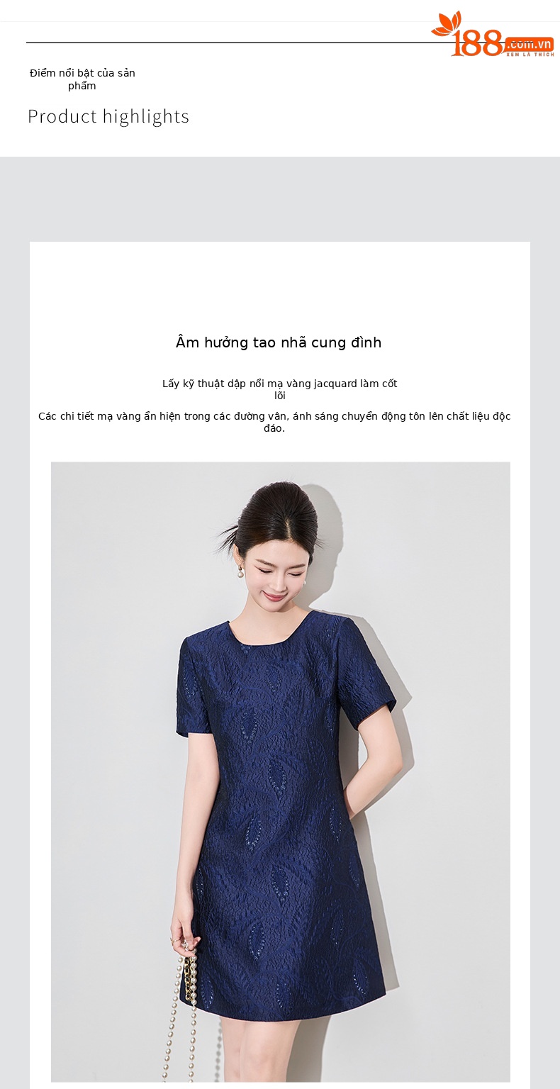 Váy ngắn tay nữ họa tiết jacquard mạ vàng phù điêu thanh lịch — Màu xanh lam chi tiết 4