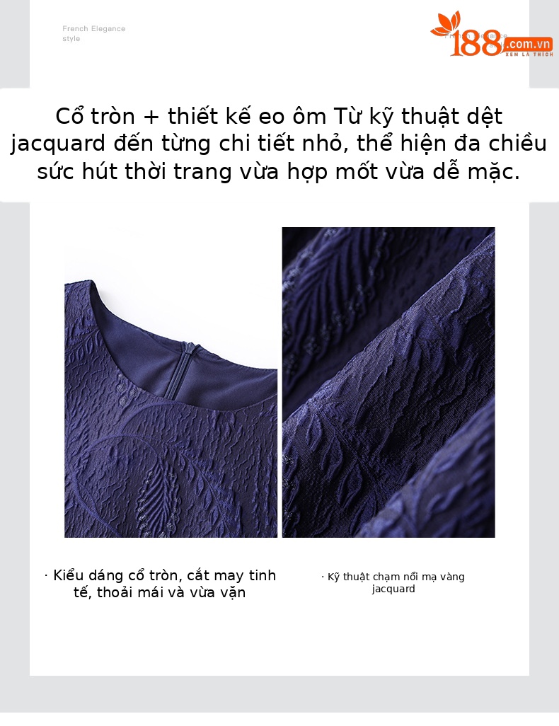 Váy ngắn tay nữ họa tiết jacquard mạ vàng phù điêu thanh lịch — Màu xanh lam chi tiết 5