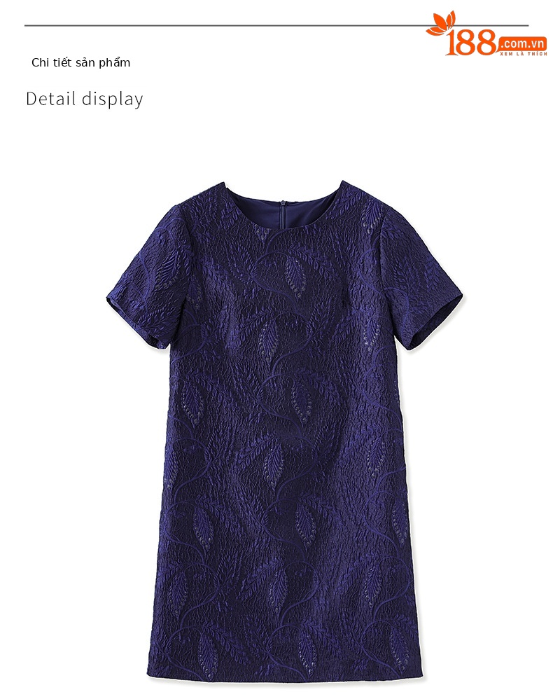 Váy ngắn tay nữ họa tiết jacquard mạ vàng phù điêu thanh lịch — Màu xanh lam chi tiết 15