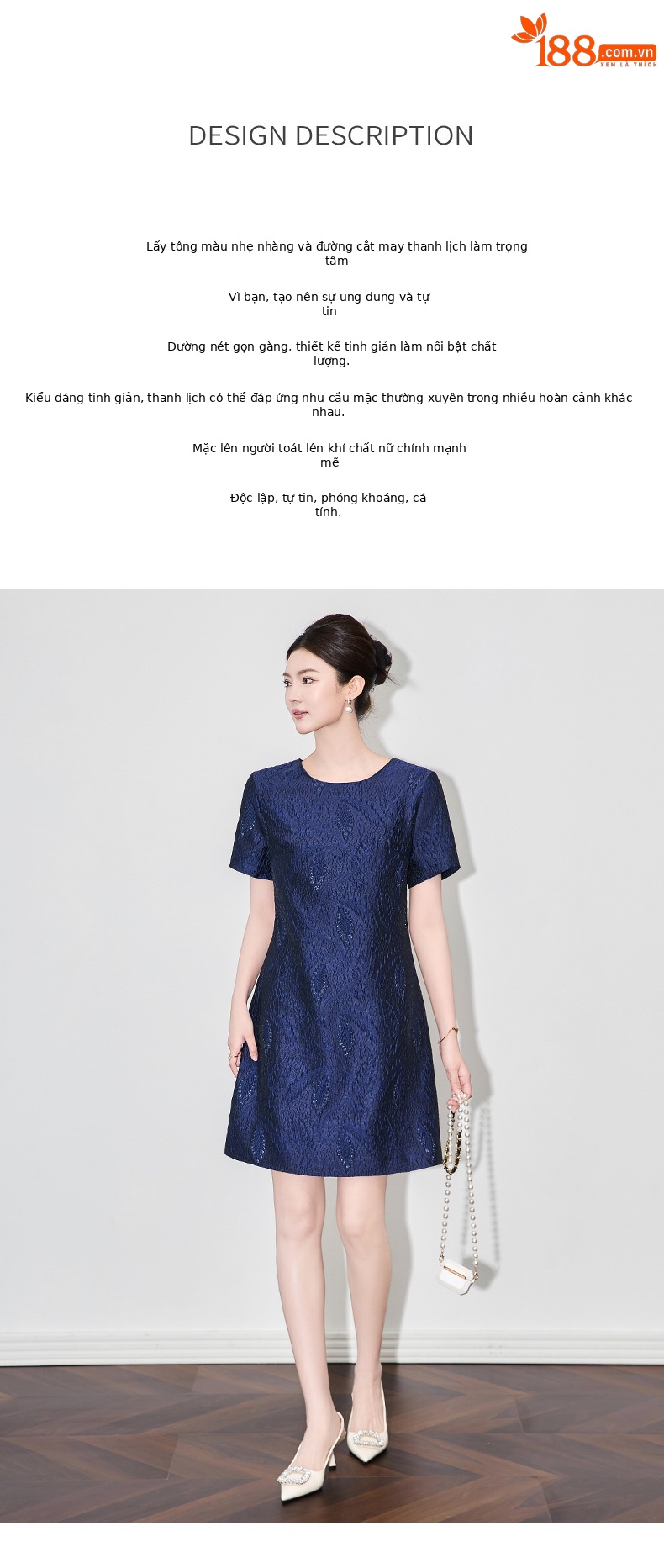 Váy ngắn tay nữ họa tiết jacquard mạ vàng phù điêu thanh lịch — Màu xanh lam chi tiết 2