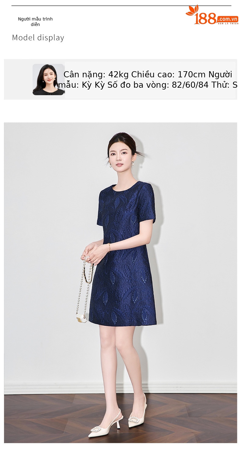 Váy ngắn tay nữ họa tiết jacquard mạ vàng phù điêu thanh lịch — Màu xanh lam chi tiết 6